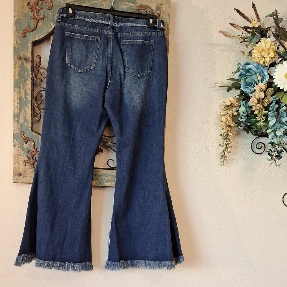 For The Republic Dark Blue Frayed Hem Wide Leg Jeans. NWOT Size 10 - Picture 9 of 11